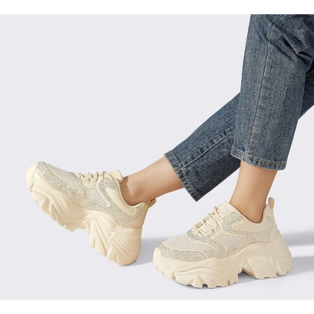 Women Leather Beige Rhinestone Comfortable Wedge Walking Sport Sneakers Shoes - Picture 9 of 9